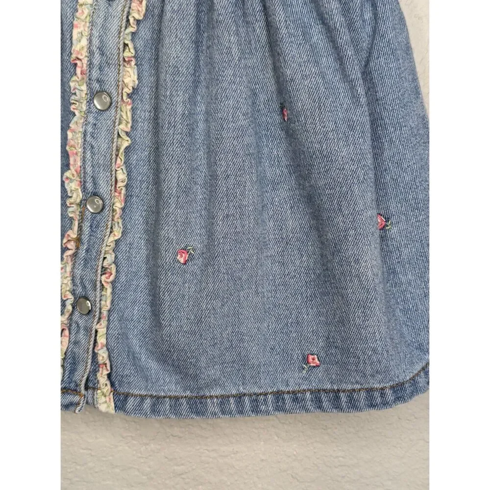 Vintage Y2K 2001 Gymboree Denim Prairie Dress Size 6-12 Mos Floral Embroidery